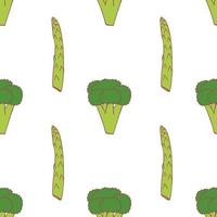 modello senza cuciture di broccoli e asparagi per il design della carta da parati. cibo fresco e maturo di colore. ortaggio sano biologico. cibo crudo, vegano, vegetariano. modello cartone animato su sfondo bianco. disegno di doodle di vettore. vettore