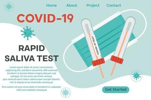 modello di pagina web per centro medico, laboratorio. test rapido della saliva per coronavirus covid 19. provetta per saliva, naso, maschera medica, icona coronavirus