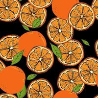 modello senza cuciture colorato di arance disegnate a mano e foglie verdi su sfondo nero. perfetto per poster e web di carta da parati di produzione tessile vettore