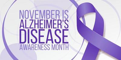 concetto di mese di consapevolezza della malattia di alzheimer. modello di banner con nastro viola e testo. illustrazione vettoriale. vettore