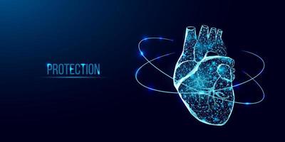 protezione del cuore umano. stile wireframe basso poli. concetto per la scienza medica, la malattia cardiologica. illustrazione vettoriale astratta moderna 3d su sfondo blu scuro.