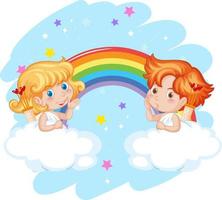 angelo ragazzo e ragazza con arcobaleno in stile cartone animato vettore