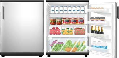 frigorifero chiuso e sportello aperto con un sacco di cibo vettore