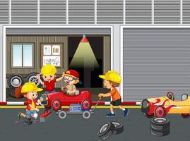 bambini che riparano un'auto insieme in garage
