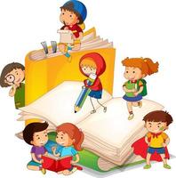 i bambini stanno leggendo libri su una pila di libri vettore