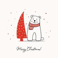 modello di saluto con un simpatico orsacchiotto e un albero di Natale stilizzato vettore