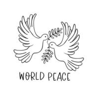 due piccioni volanti con un ramo e foglie. colomba della pace. schizzo di linea disegnata a mano. uccello simbolo di speranza, emblema contro la violenza e i conflitti militari vettore