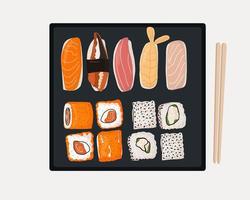 set di piatti tradizionali giapponesi di panini e sushi con frutti di mare. su un piatto nero vettore