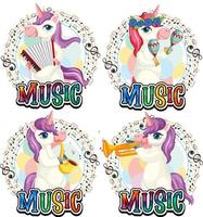 impostare un simpatico unicorno che suona strumenti musicali con note musicali su sfondo bianco vettore