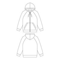 modello raglan zip felpa con cappuccio illustrazione vettoriale design piatto contorno abbigliamento