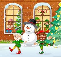 scena all'aperto con il personaggio dei cartoni animati dell'elfo di Natale vettore