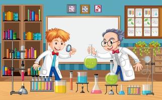 scena di laboratorio con il personaggio dei cartoni animati dello scienziato vettore