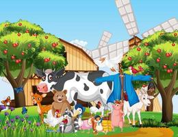 scena di fattoria con animali vicino alla stalla vettore