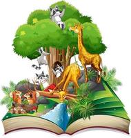 tema foresta libro aperto con animali su sfondo bianco vettore