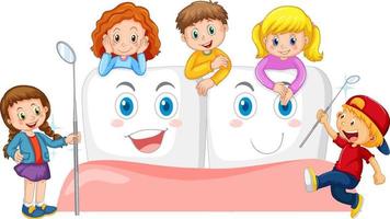 bambini che tengono uno specchio dentale e si abbracciano con un grande dente su sfondo bianco vettore