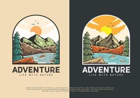 illustrazione del logo del fiume e della montagna della natura selvaggia, grafica per la stampa di t-shirt vettore