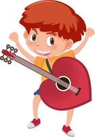 un ragazzo che suona la sua chitarra dal cuore rosso vettore