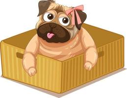 simpatico cane carlino in una scatola cartone animato vettore