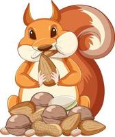 scoiattolo simpatico cartone animato che mangia arachidi su sfondo bianco