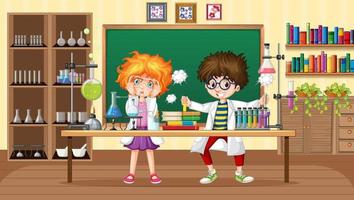 scena di laboratorio con il personaggio dei cartoni animati dei bambini dello scienziato vettore