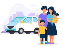 Famiglia felice con sfondo auto e città vettore