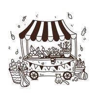 vettore del mercato alimentare. illustrazione d'arte in stile doodle del bancone della stalla, chiosco di strada su ruote, fiera della fattoria. contorno marrone isolato su sfondo bianco.