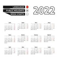 calendario 2022 in lingua turca, la settimana inizia il lunedì. vettore