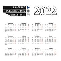 calendario 2022 in lingua finlandese, la settimana inizia il lunedì. vettore
