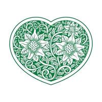 Motivo floreale ornato a forma di cuore verde vettore