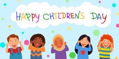 bambini felici è un giorno. una cartolina con bambini che mostrano la lingua. una nuvola con un'iscrizione. vettore
