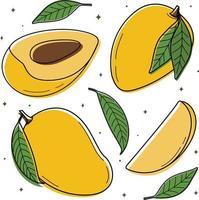 illustrazione vettoriale di un set di mango dolce. elementi di design per molti, pubblicità e copertine, libri per bambini, cibo e illustrazioni di cibo. vettore di frutti, foglie di piante da giardino. nutrizione dietetica