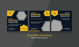 grafica vettoriale del banner post sui social media con combinazione di colori blu scuro, giallo e bianco. perfetto per la promozione dell'agenzia di marketing digitale