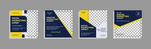 grafica vettoriale del design del banner post sui social media con combinazione di colori blu, giallo e bianco. perfetto per la promozione dell'agenzia di marketing digitale
