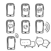 icone di notifica del telefono su sfondo bianco, icona sms, telefono cellulare, telefono di chiamata, messaggio, illustrazione di doodle vettore