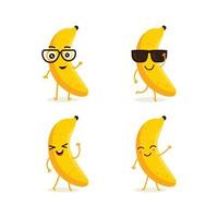 simpatico set vettoriale di personaggi di frutta banana in diverse emozioni d'azione. raccolta di personaggi di banana in diverse espressioni, divertente personaggio di frutta isolato su sfondo bianco