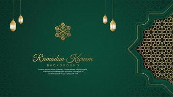 ramadan kareem, sfondo di lusso verde arabo islamico con motivi geometrici e lanterne vettore