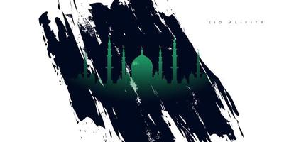 eid al fitr mubarak. sfondo islamico con moschea e stile pennello. felice eid mubarak illustrazione per banner o poster vettore