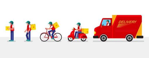 concetto di servizio di consegna online, magazzino, camion, bicicletta scooter e passeggiata vettore