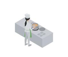 illustrazione in stile isometrico di uno chef che sta cucinando la zuppa vettore