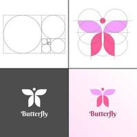 logo farfalla femminile in rosa e lavanda. adatto a marchi di moda, bellezza, trucco. sezione aurea nel logo della farfalla. vettore