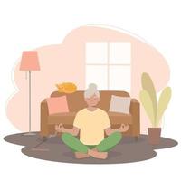 donna anziana che medita. donna in una posa yoga, nella posizione del loto in soggiorno vettore