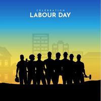 concetto di design felice festa del lavoro con silhouette di lavoratori. giornata internazionale del lavoro isolata sul cielo blu. vettore
