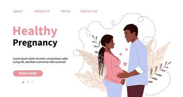 banner vettoriale concetto di gravidanza sana. uomo che tiene la pancia di una donna afroamericana incinta.