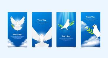 sfondo della giornata internazionale della pace con piccione, nuvola e cielo blu. raccolta di storie di design della giornata internazionale della pace. storie modello giornata della pace adatte per promozione, marketing, ecc. vettore
