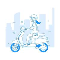 la ragazza su uno scooter indossa una maschera protettiva per evitare il virus