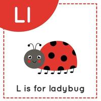 imparare l'alfabeto inglese per bambini. lettera l. coccinella simpatico cartone animato. vettore