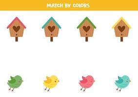 gioco di corrispondenza dei colori per bambini in età prescolare. abbina uccelli e casette per colori. vettore