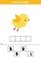 gioco di ortografia per bambini. simpatico uccello cartone animato. vettore
