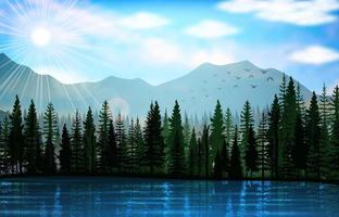 illustrazione vettoriale del paesaggio di montagna con sfondo del lago