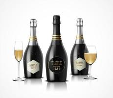 illustrazione vettoriale di bicchiere di vino con bottiglie di vino nero di champagne